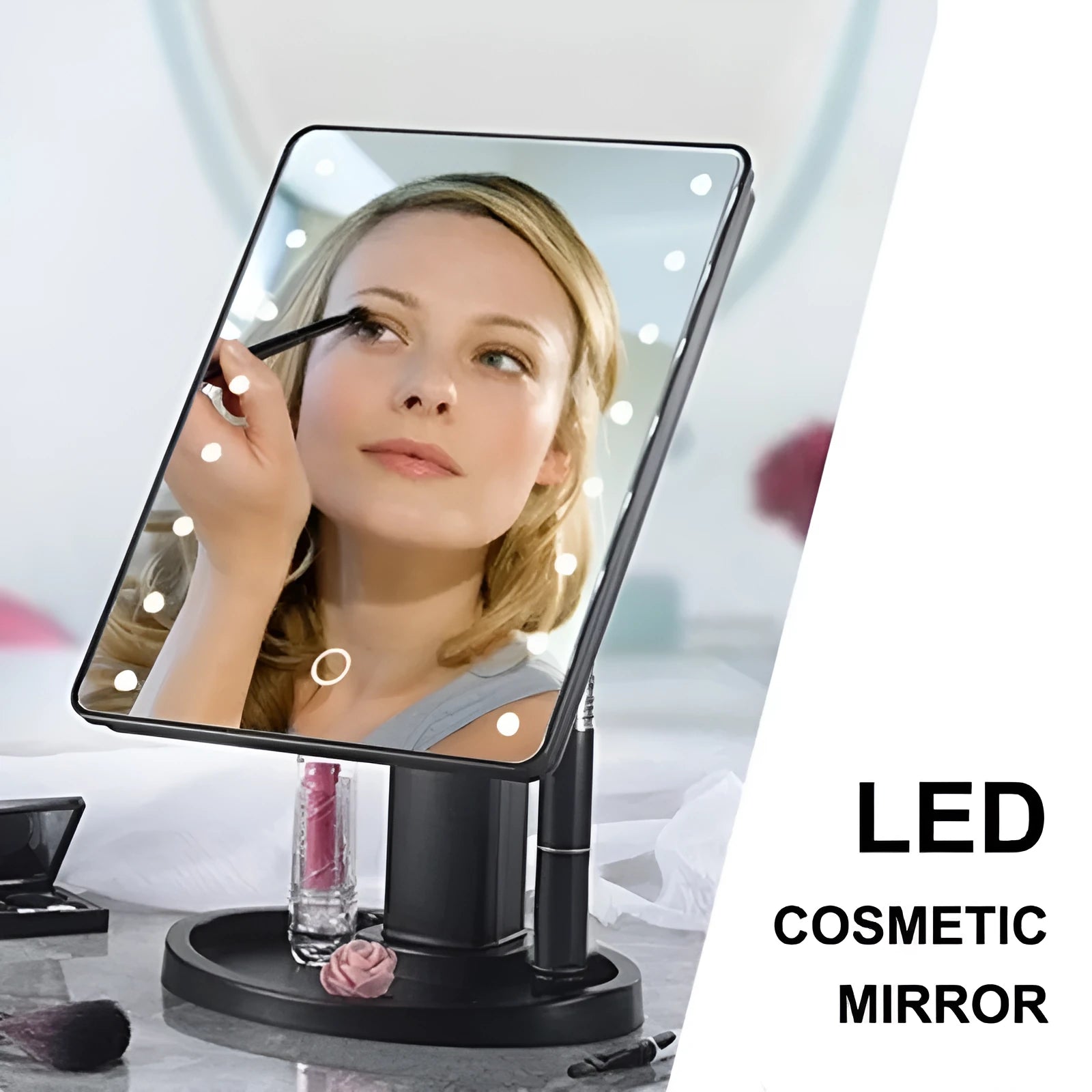 Portable 360 degree rotation touch induction LED tabletop cosmetic mirror in pink with 22 lights