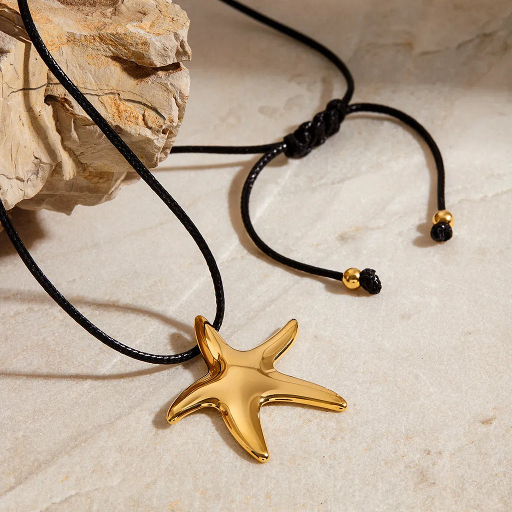 Women's titanium steel starfish pendant necklace on regular stainless steel chain, adjustable 41 to 50cm