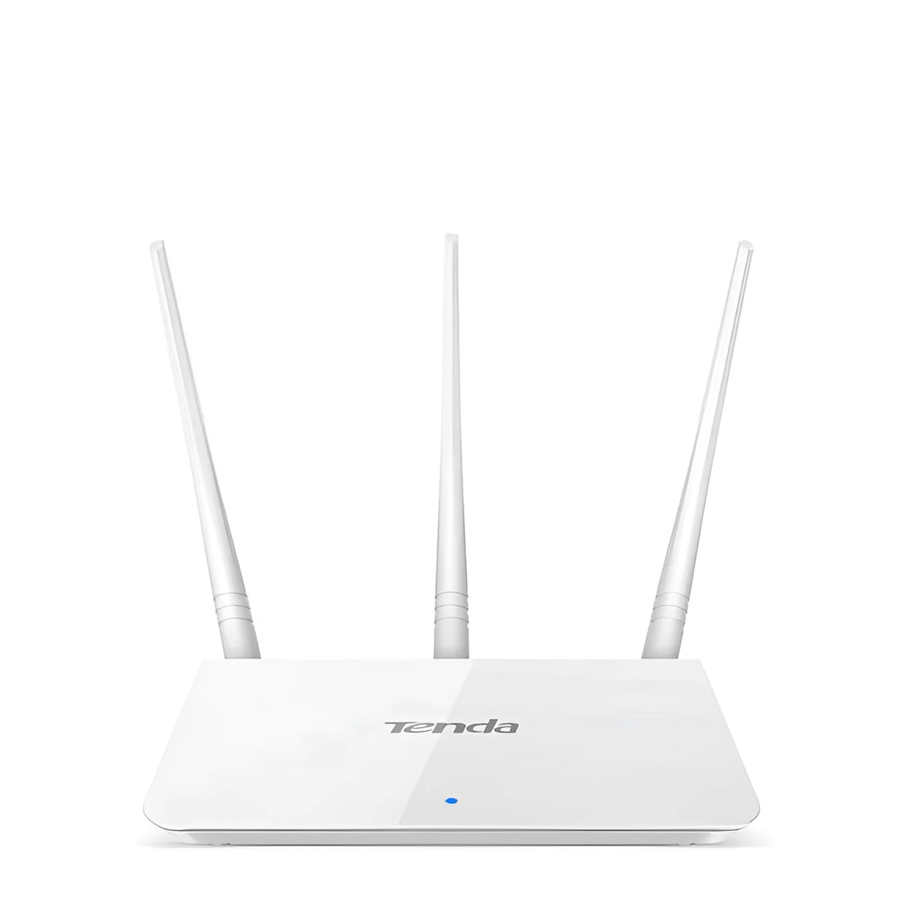 White dual-band wireless router for wired broadband connectivity.