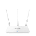 White dual-band wireless router for wired broadband connectivity.