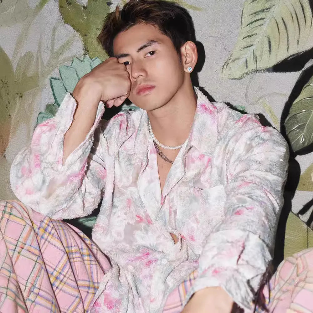 Pink floral long sleeve shirt with embossed 3D flower pattern and loose fit