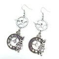 Alloy steampunk rabbit clock gear pointer earrings for women in antique silver