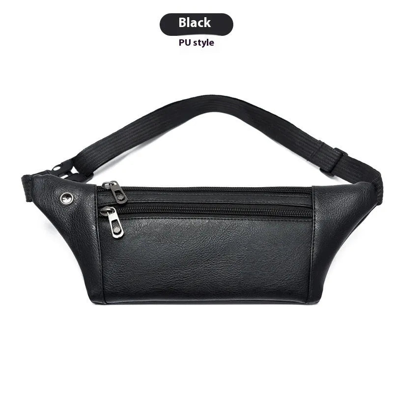 Men's black PU leather crossbody bag with breathable lining for outdoor running and commute