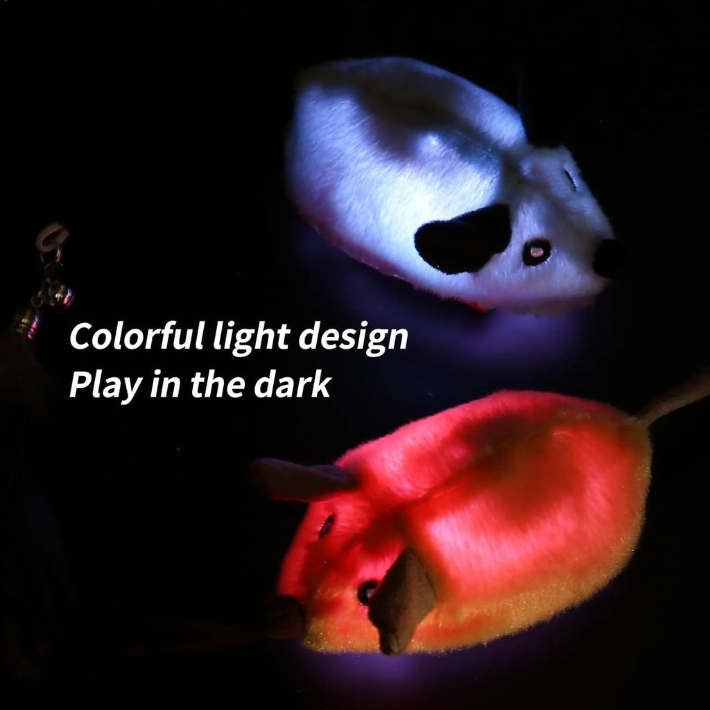 Interactive plush cat mouse toy with feather tail and LED lights for indoor feline enrichment