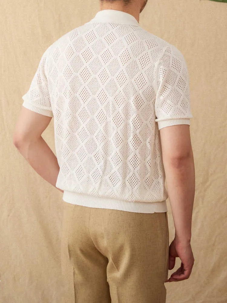 Men's light brown cotton zip-up cardigan with short sleeves and a lapel collar.