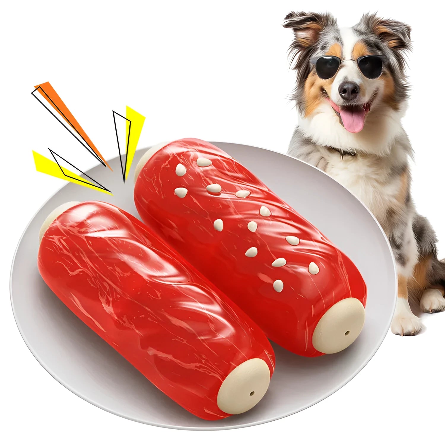 Primary coloured plastic molar rod dog chew toy with ridges and a treat cavity