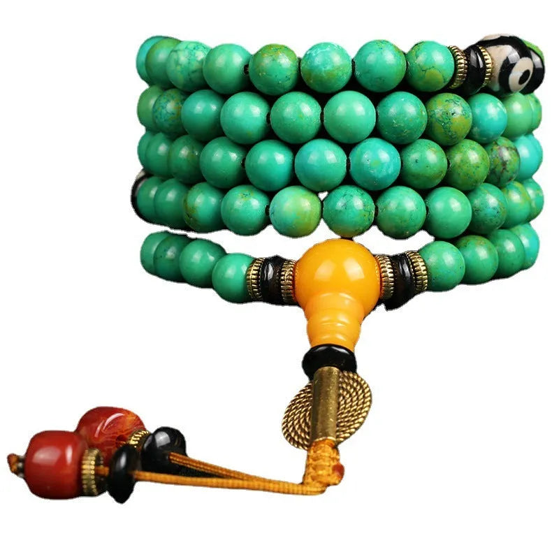 Natural raw ore turquoise bracelet with 108 polished 8mm round beads in national style