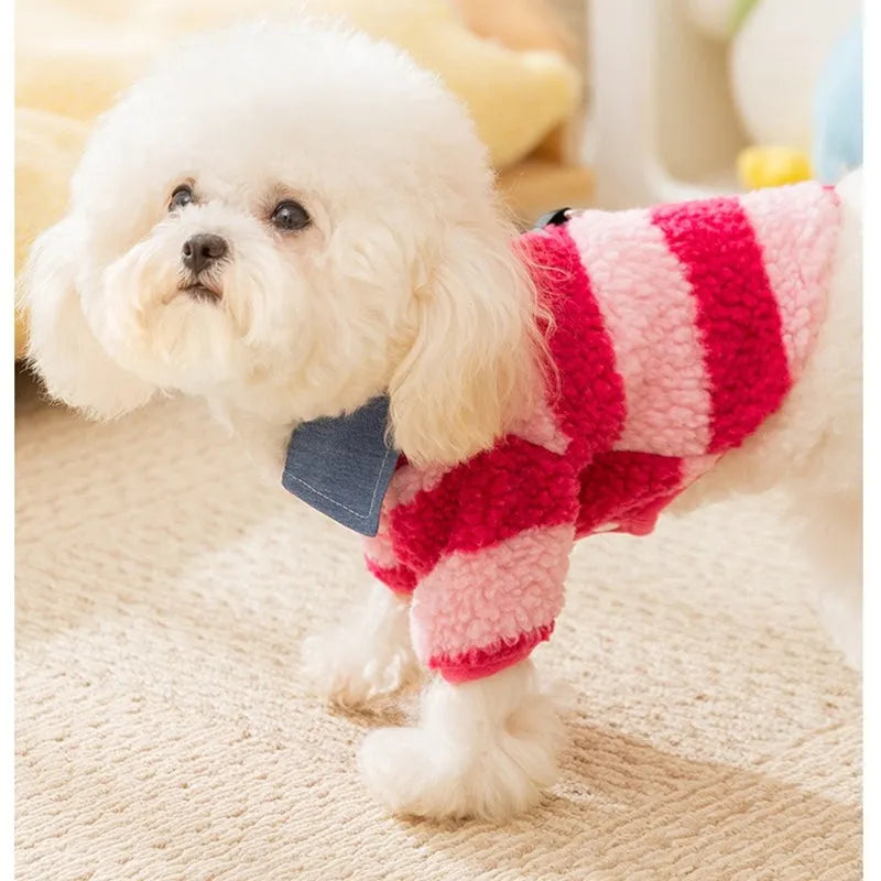 Thick warm winter sweater with leash hole for small dog or cat, striped lamb wool denim, available in black blue and pink