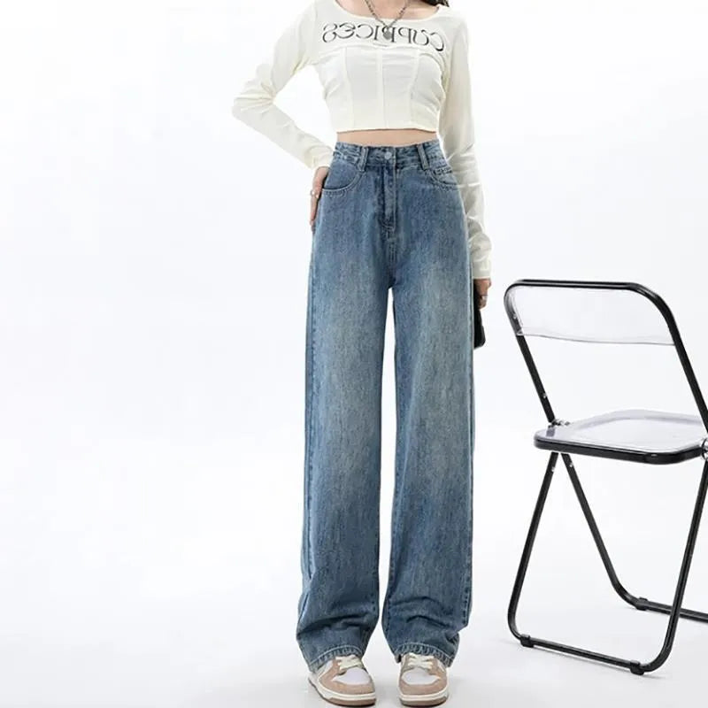 Women's retro blue high-waist wide-leg straight jeans on a neutral background