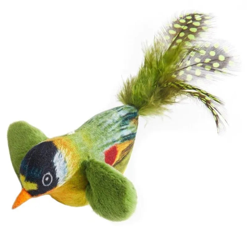 Cat toy simulation bird hanging door teaser plush bird in green white eyebrows colour