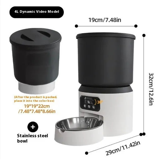 4L smart pet feeder with remote control and video camera on a kitchen floor