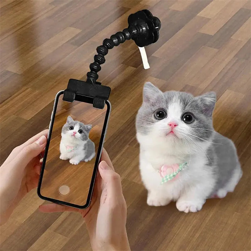 Pet photography tool clip for phone holding a treat to attract cat or dog attention, black plastic
