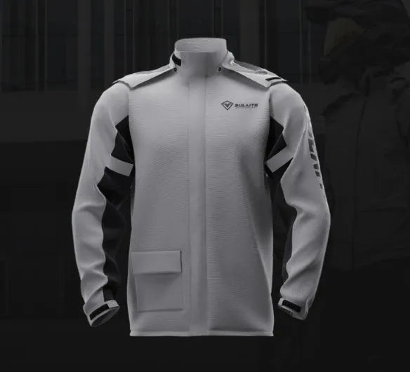 Adult motorcycle rain suit with raincoat, rain trousers, hidden shoe cover, and storage bag.