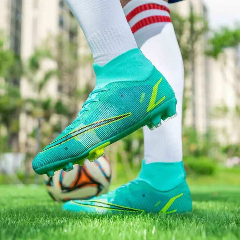 High top football boots with AG spike sole for artificial turf, non-slip rubber outsole, black colour