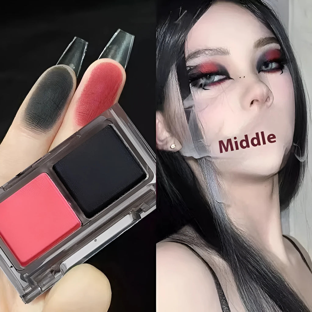 Cool two-tone eyeshadow plate compact showing pink and black colour combination with matte and shimmer finishes