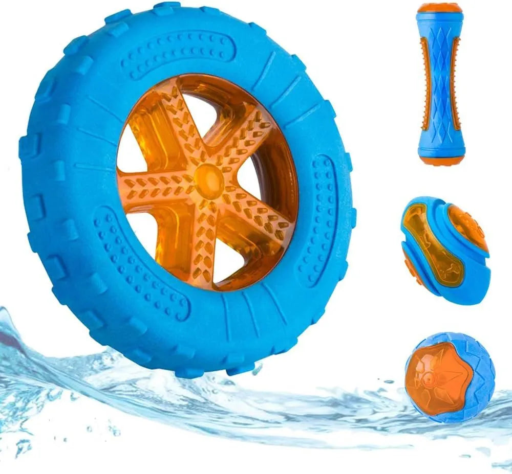 Set of three TPR dog toys: a blue ball, a red barbell, and an orange tyre with bumpy textures.