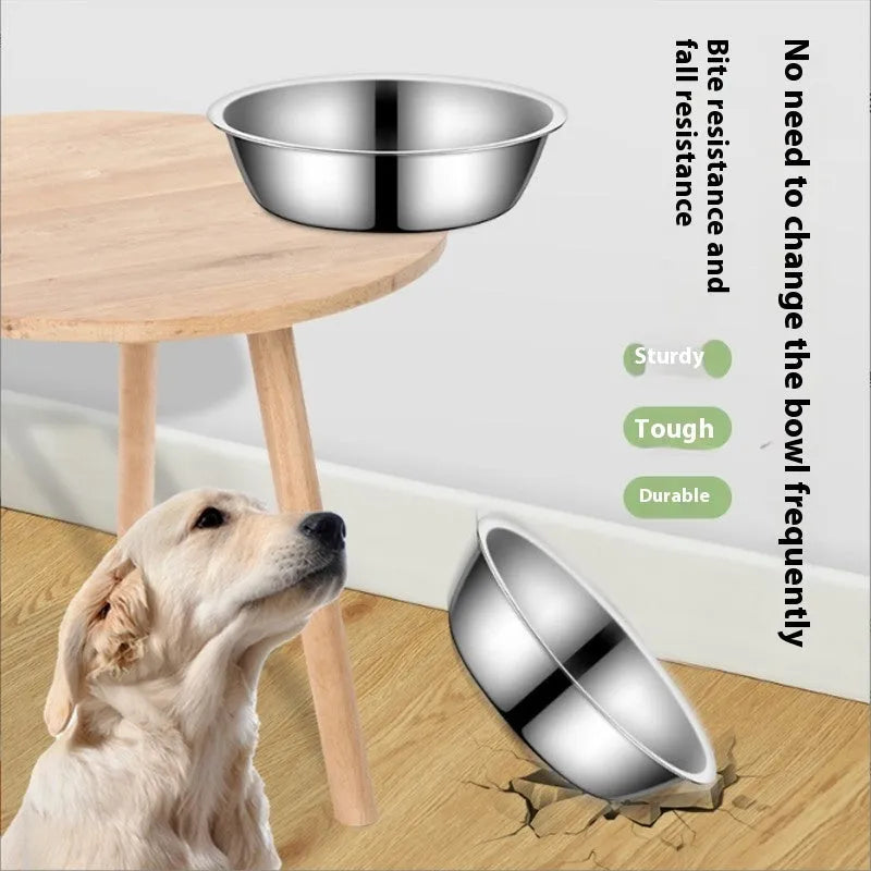 Stainless steel pet bowl with non-slip base, shown in one of five available sizes for dogs and cats.