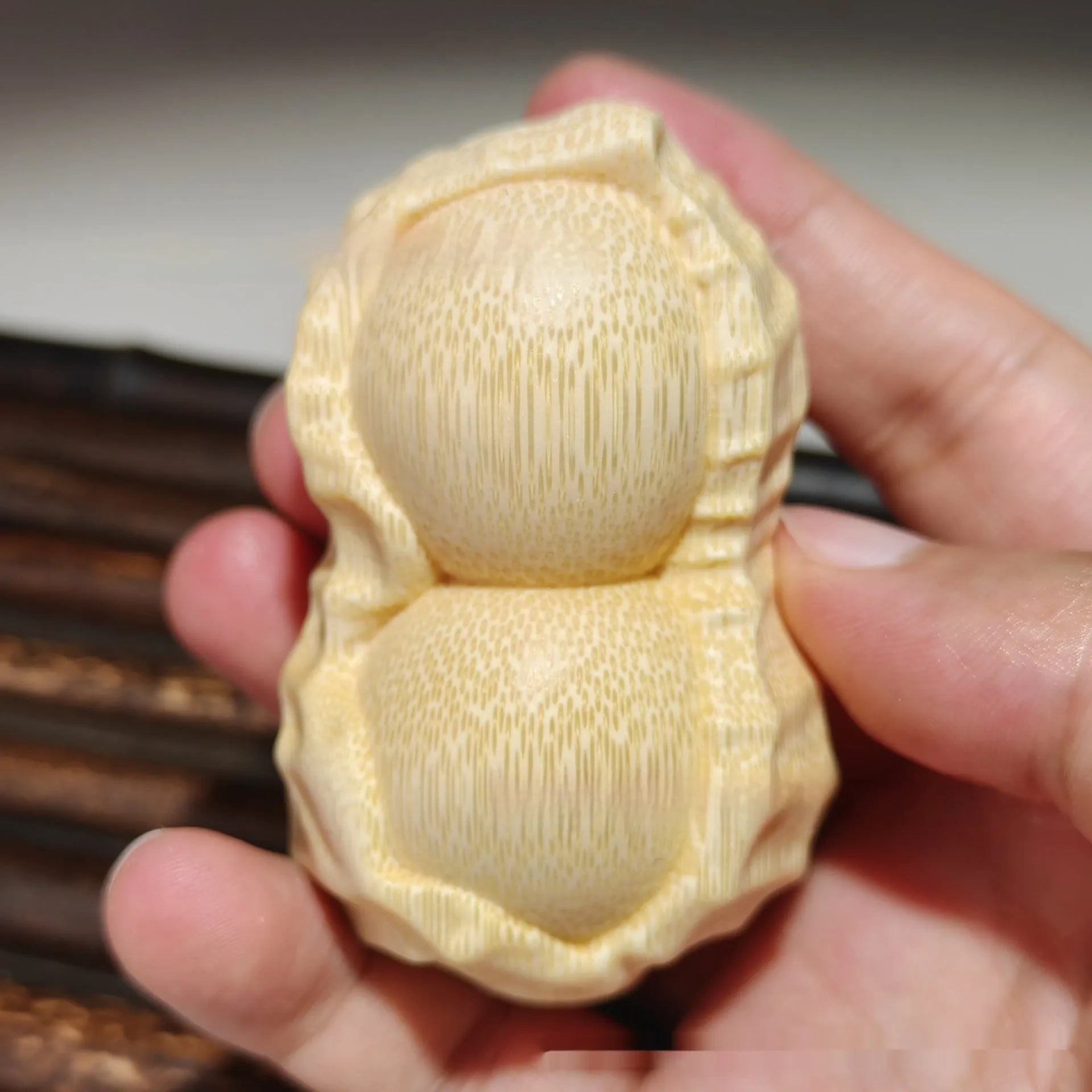 Natural solid bamboo peanut carving ornament with 'May Good Things Happen' inscription