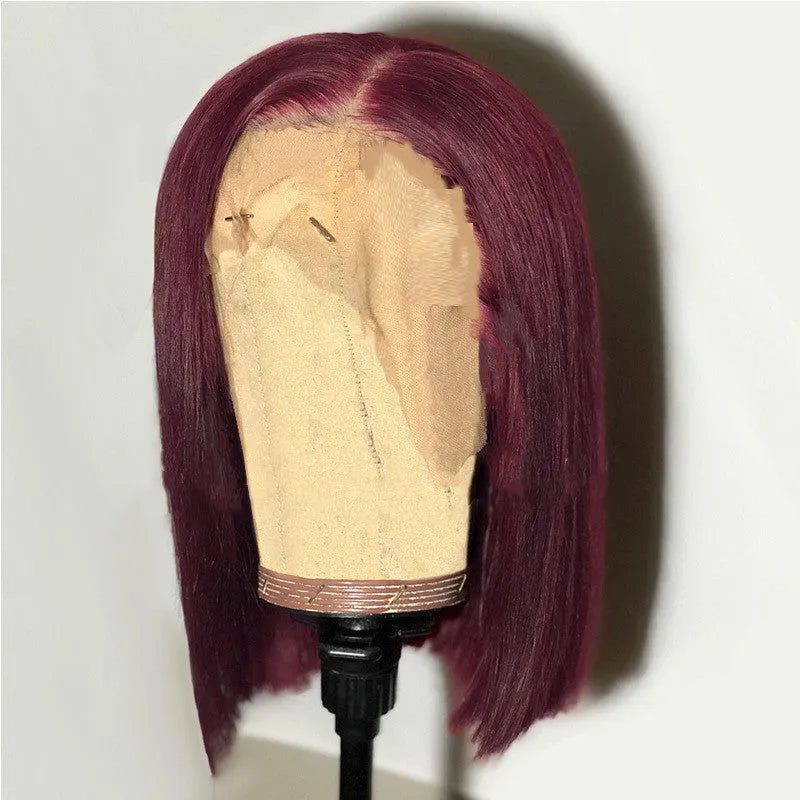 Short bobo wig with mid-shoulder straight hair, long bangs, and high temperature wire in black, gold, wine red, or linen.