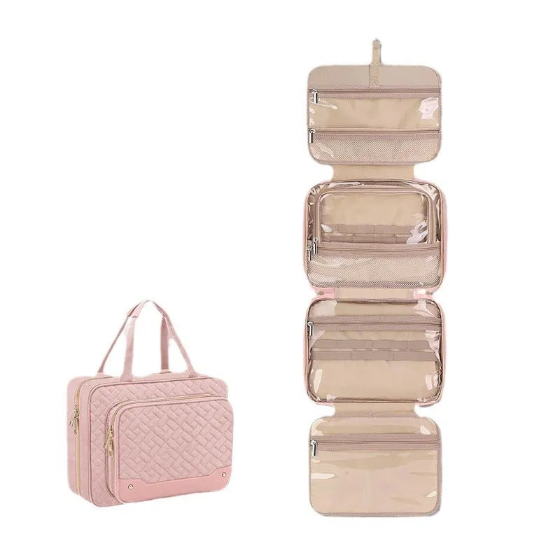 Women's hanging storage cosmetic bag in waterproof polyester, black or pink solid colour, dimensions 30.5cm