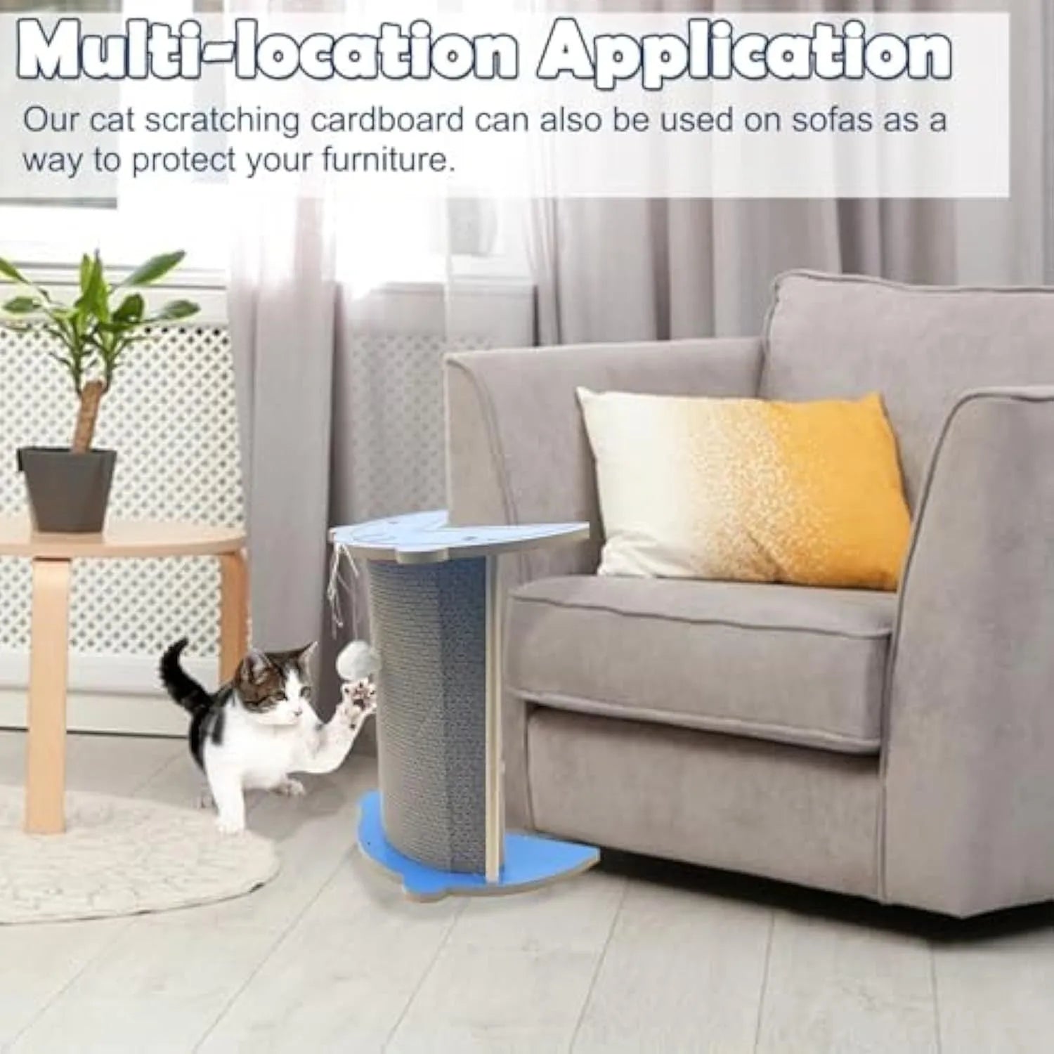 Corner-mounted cat scratching pad with hanging ball attachment for furniture protection