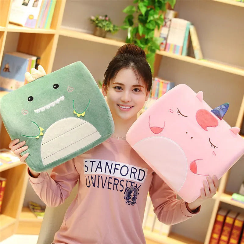 Cartoon memory foam lumbar support cushion with removable core, shown in Pink Unicorn design with embroidery detail.