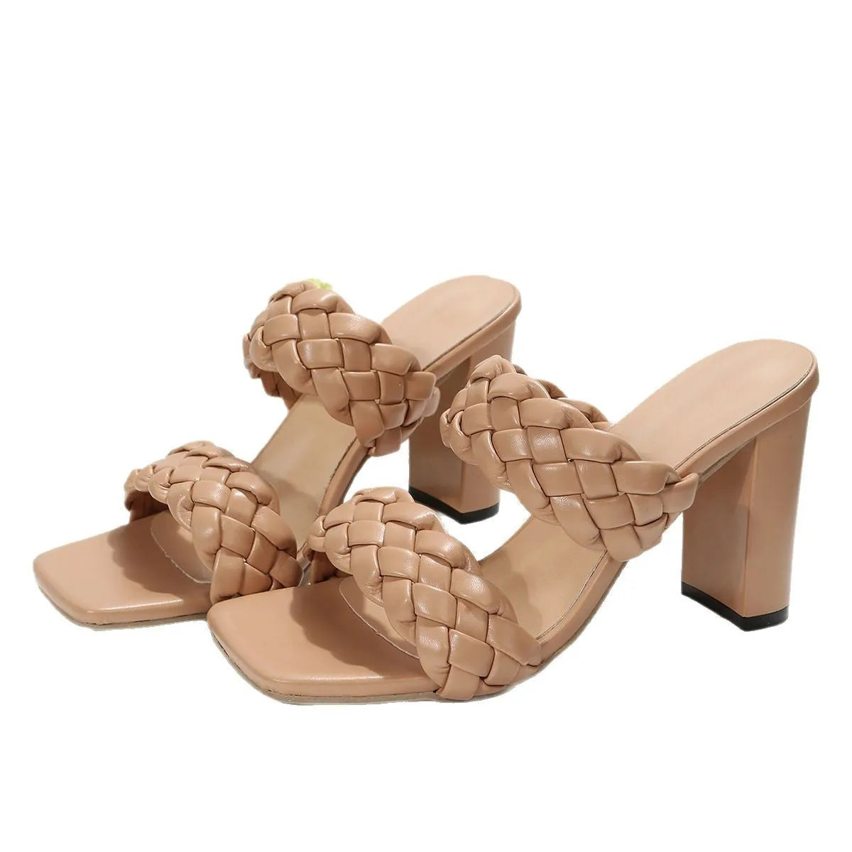 Square toe flip-flops with chunky heel and woven twisted design in apricot colour.
