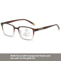 A pair of black multifocal reading glasses with metallic arms and colour-changing, anti-blue light lenses.