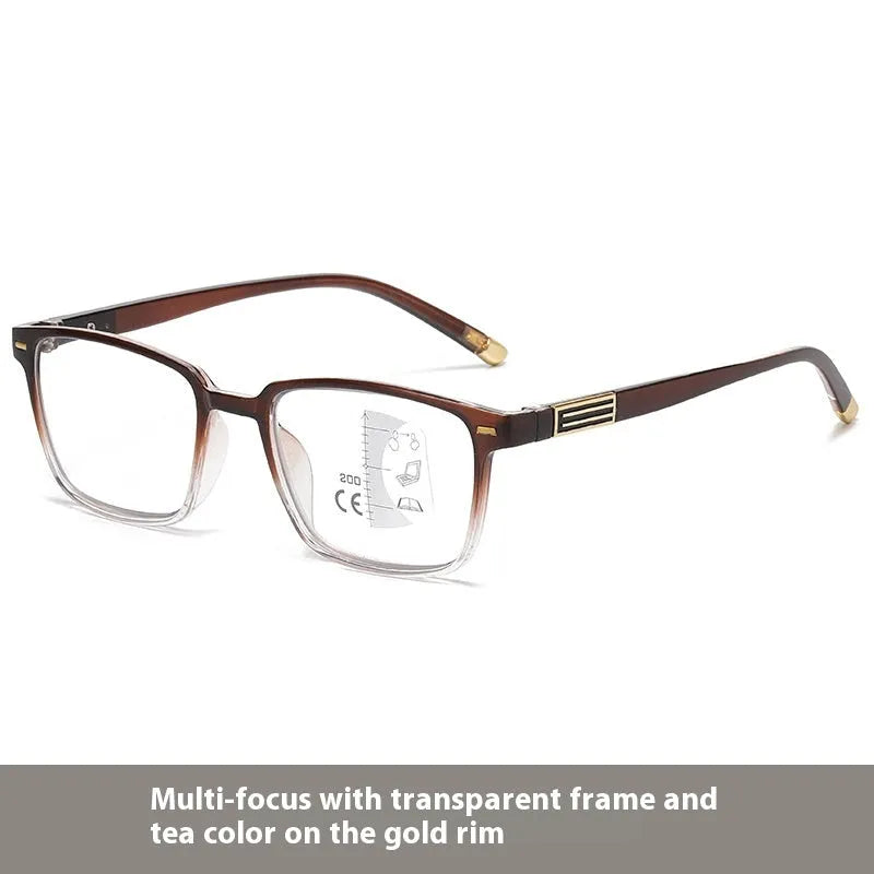 A pair of black multifocal reading glasses with metallic arms and colour-changing, anti-blue light lenses.