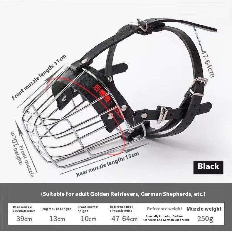 Black metal basket dog muzzle designed for Golden Retrievers and German Shepherds.