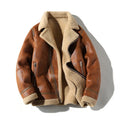 Plus size women's PU leather coat with faux fur collar in camel colour, fleece-lined for winter