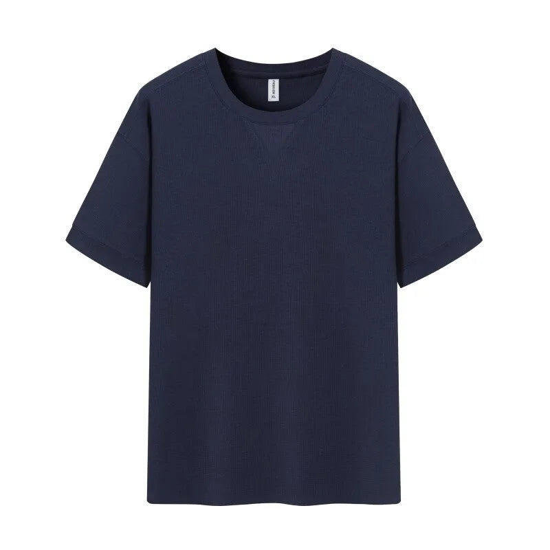 Men's dark grey heavy waffle texture short sleeve t-shirt on a hanger