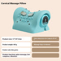Blue-green portable cervical spine massage pillow showing EMS, heat, and vibration functions