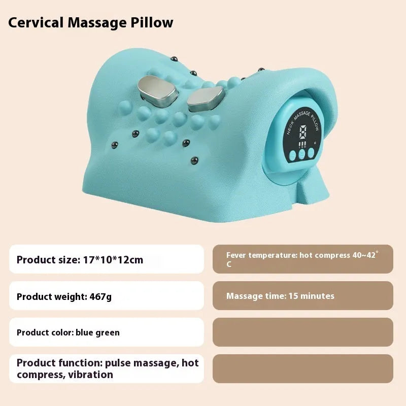 Blue-green portable cervical spine massage pillow showing EMS, heat, and vibration functions
