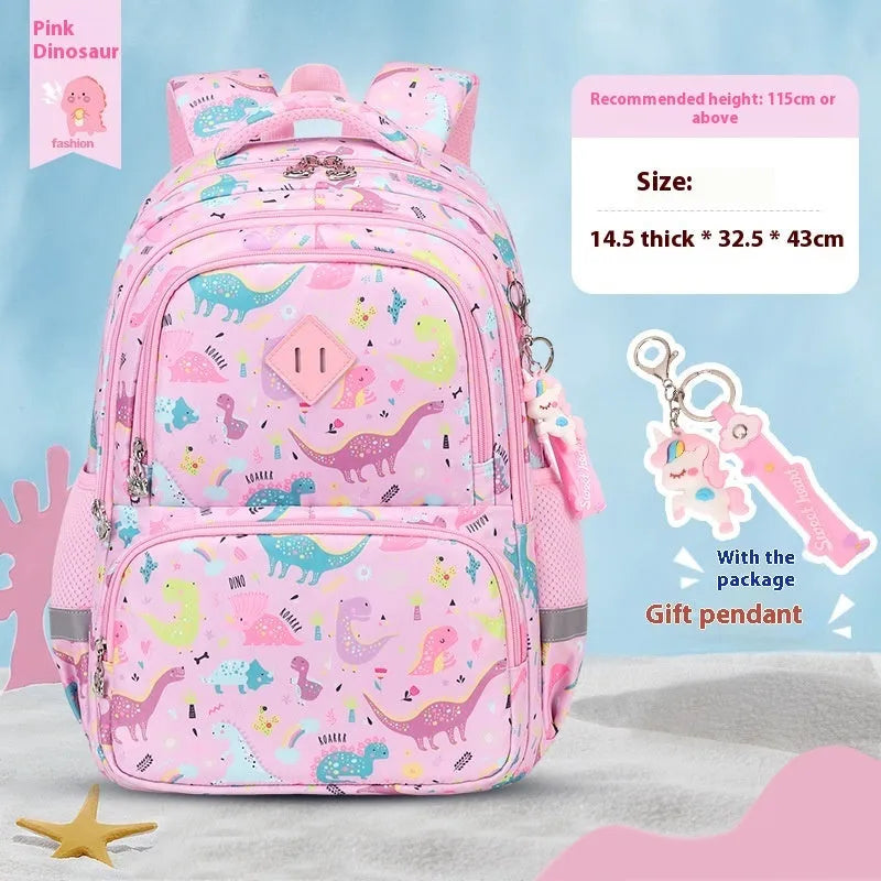 Children's waterproof Oxford cloth school backpack in dinosaur pattern with curved shoulder straps