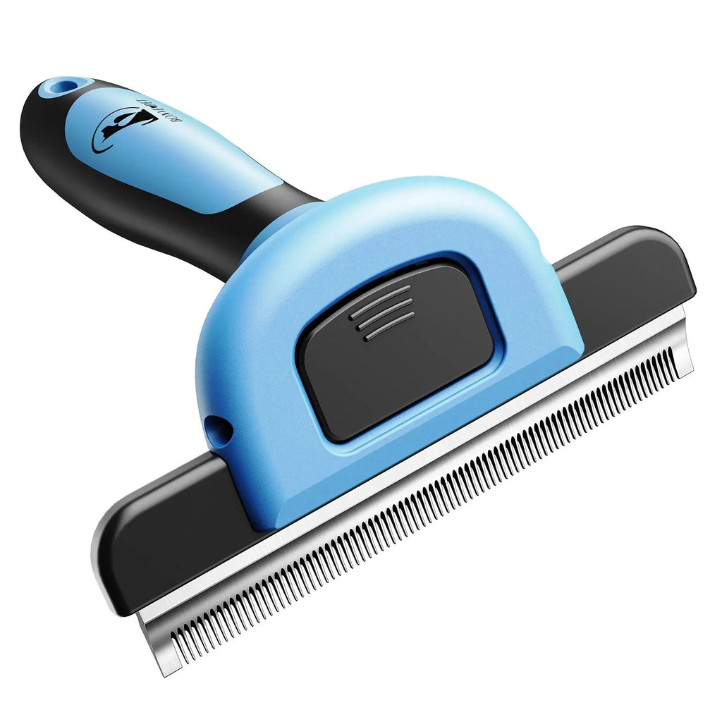 Blue pet grooming comb with stainless steel teeth for dog hair removal and knot untying