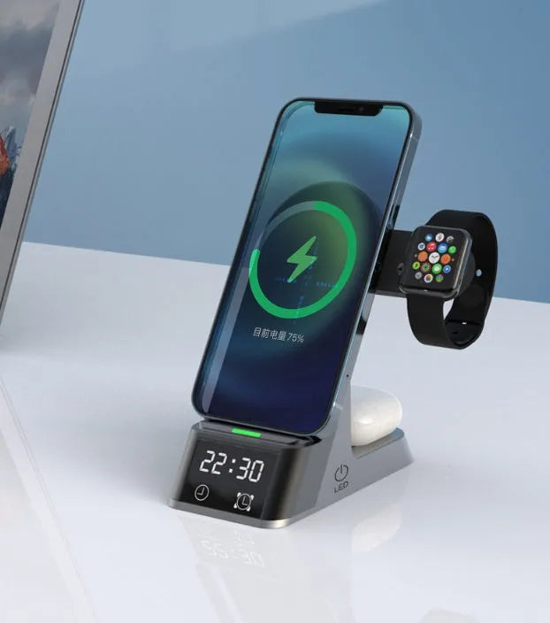Black multifunctional alarm clock with integrated wireless charging pad and USB ports