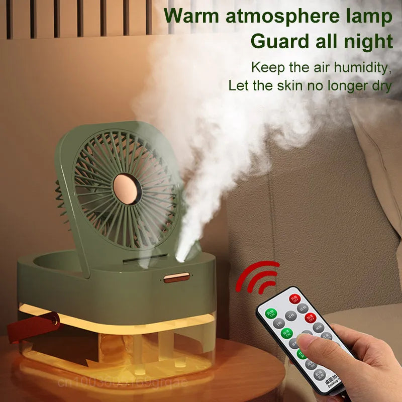 Pearl white desktop humidifier cooling fan with water tank, remote control, and night light on a wooden desk.