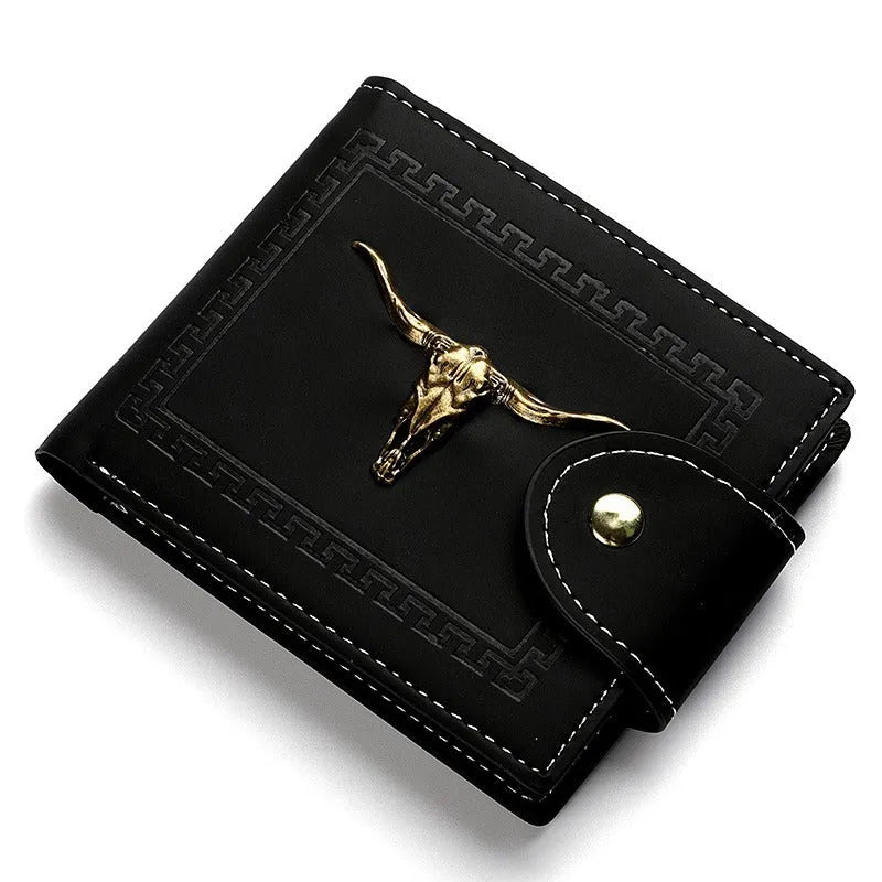 Men's black PU leather wallet with animal print pattern showing multiple card slots and zipper closure