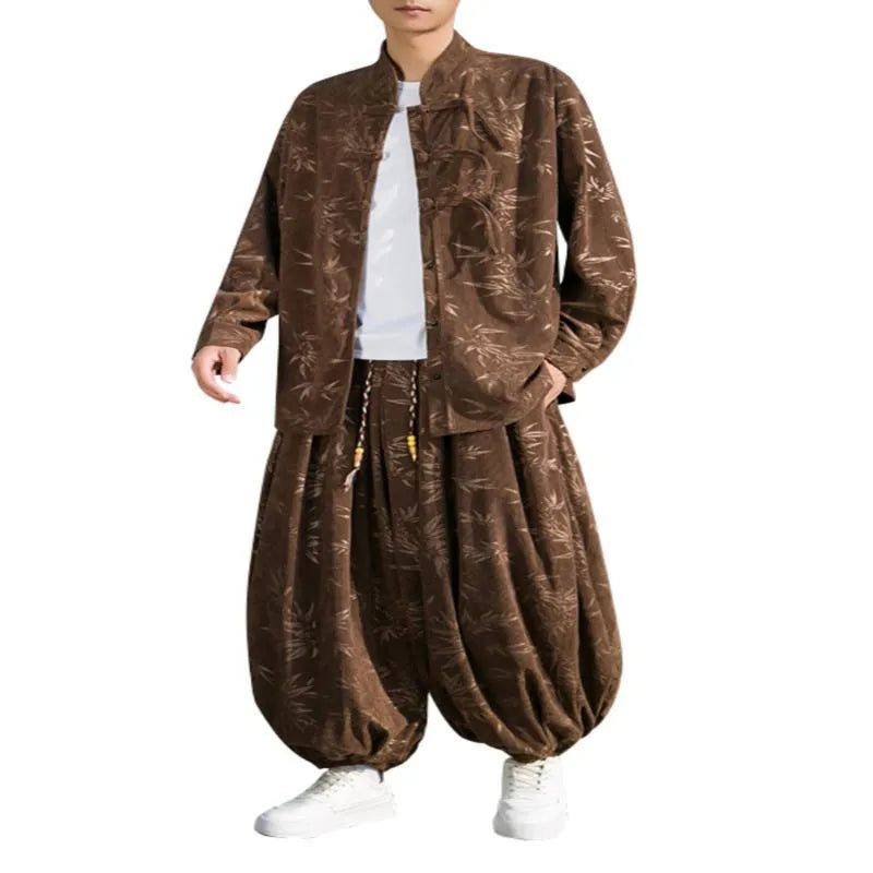 Chinese style men's corduroy casual pants in brown, cotton blend fabric, side view on model.