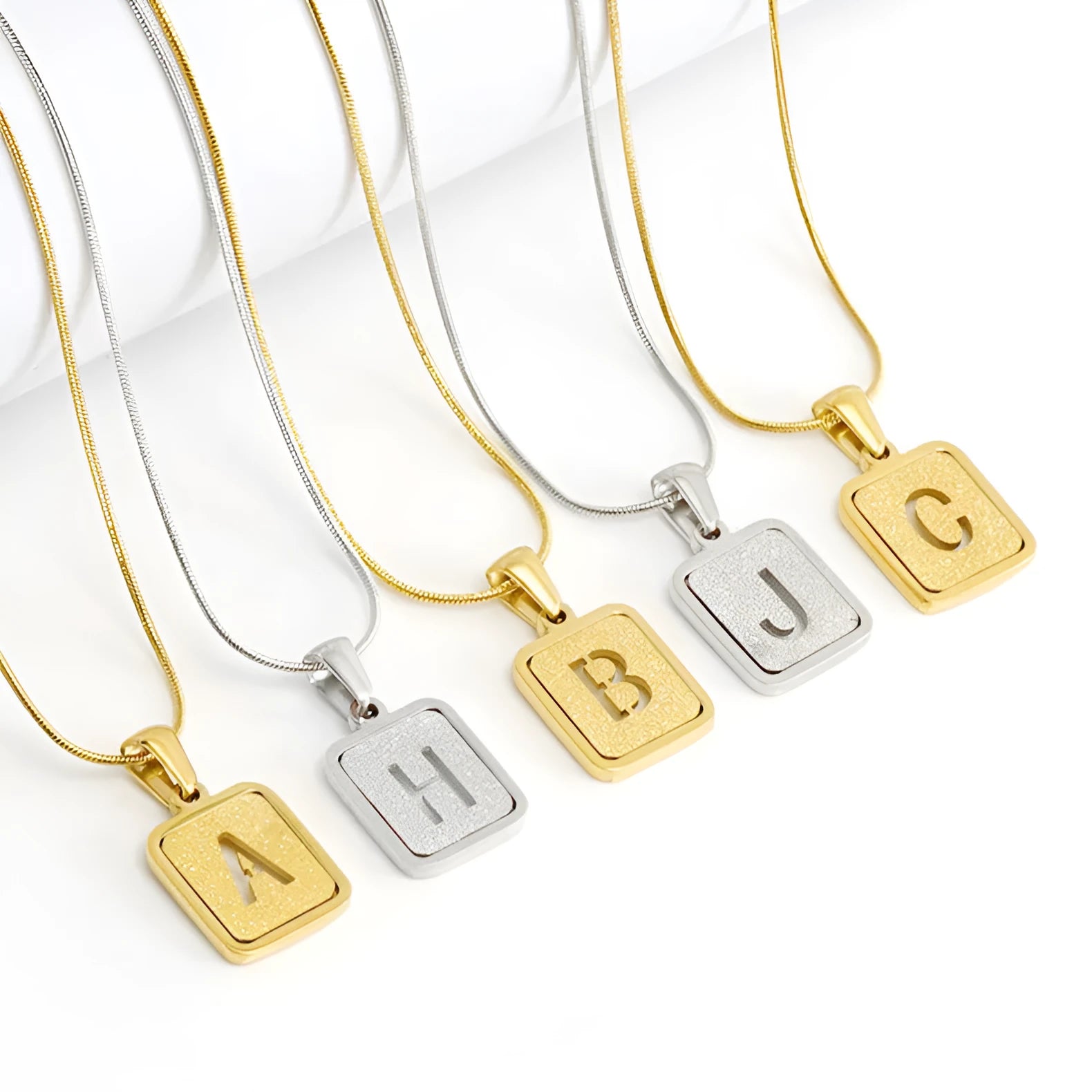 Alphabet necklace 26 letters hollow square pendant 18K gold tone titanium steel small snake chain