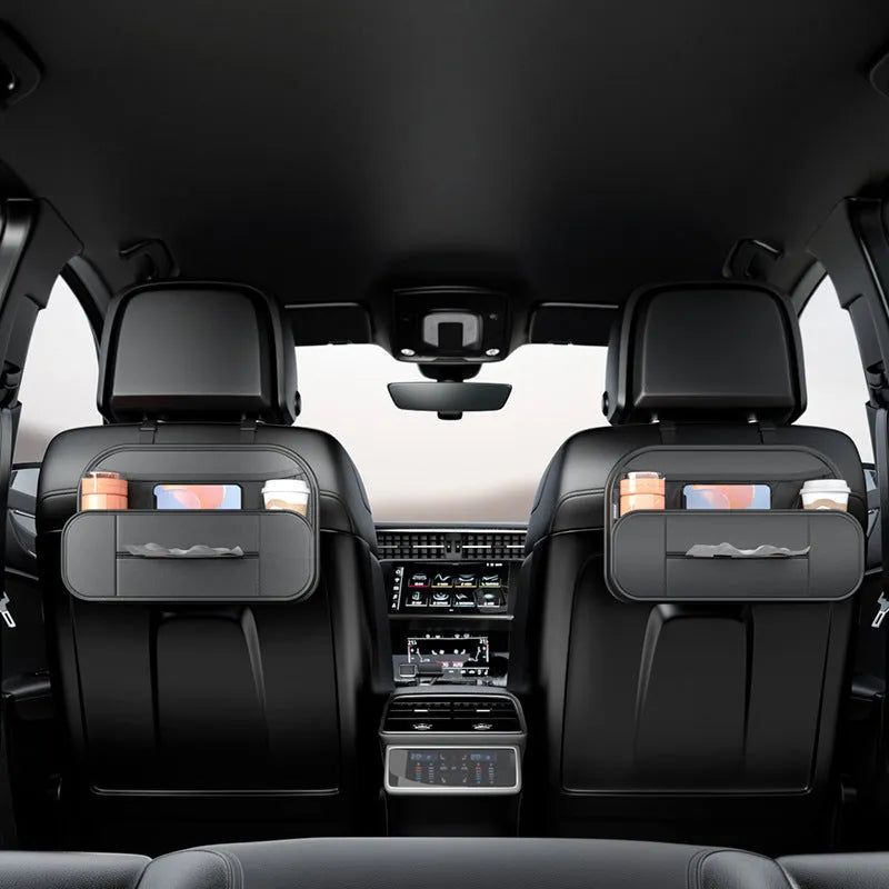 Black leather car seat rear storage bag showing compartments and dimensions