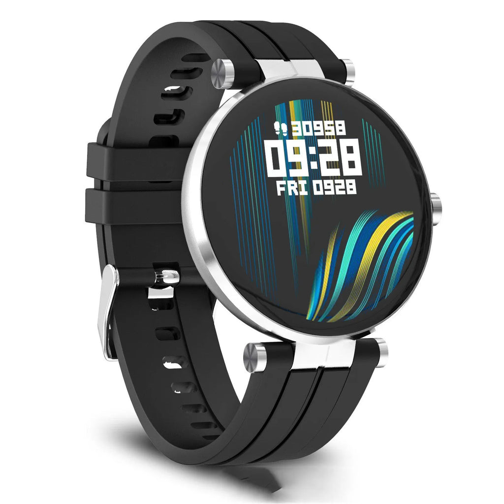 Smart watch with blood pressure monitoring on wrist showing heart rate display and black silicone strap