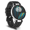 Smart watch with blood pressure monitoring on wrist showing heart rate display and black silicone strap