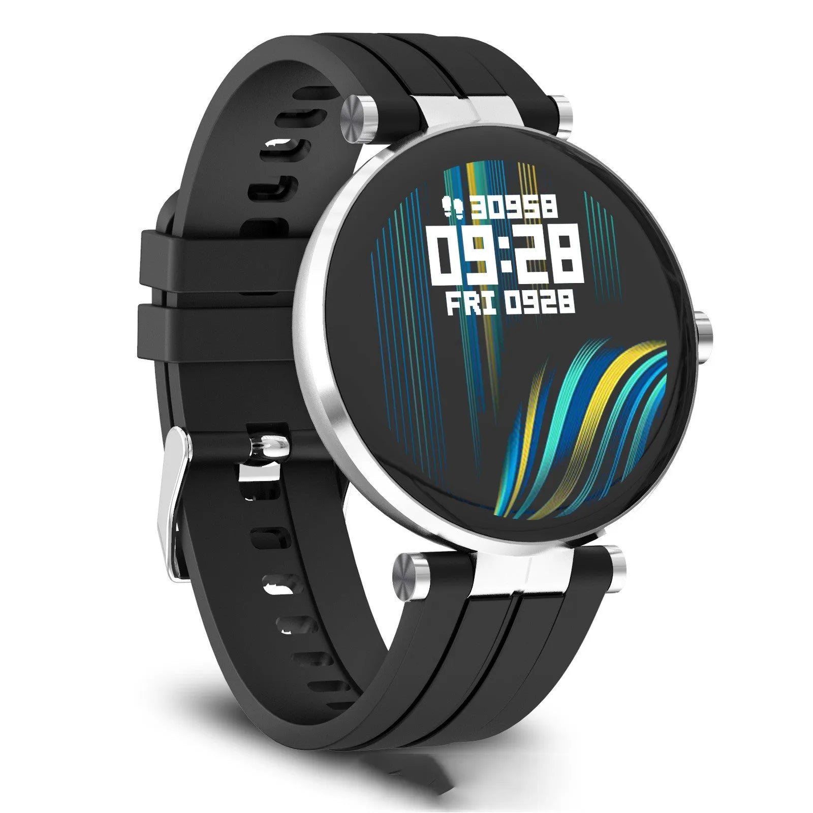 Smart watch with blood pressure monitoring on wrist showing heart rate display and black silicone strap