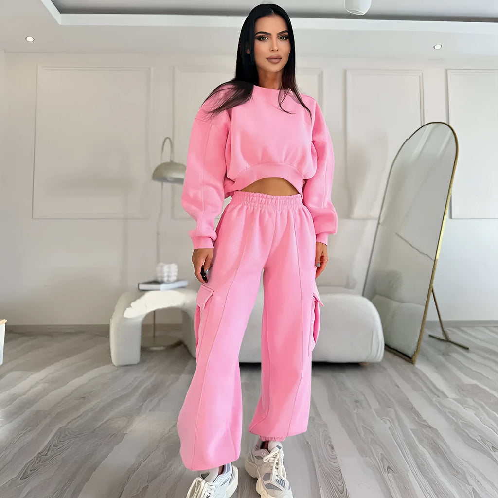 Women's casual round neck high waist sweatpants suit in solid colour with pocket, polyester fibre