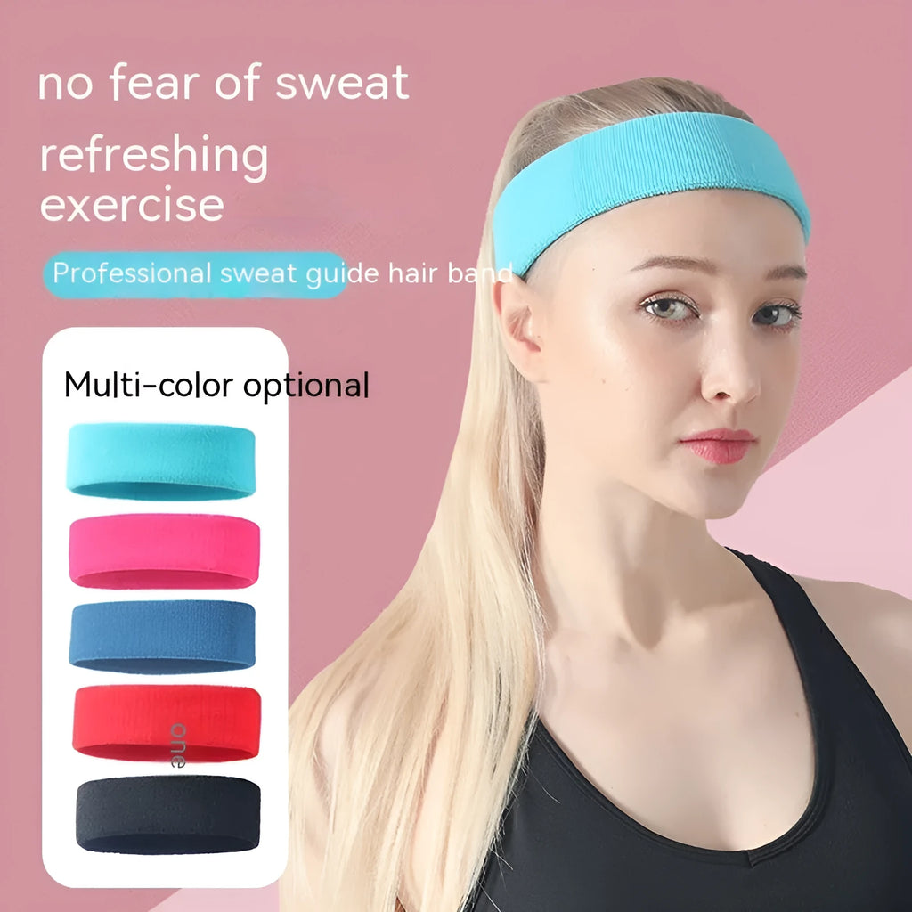 Elastic widening sports anti-sweat headband in black, blue, red, rose red, and sky blue colours.
