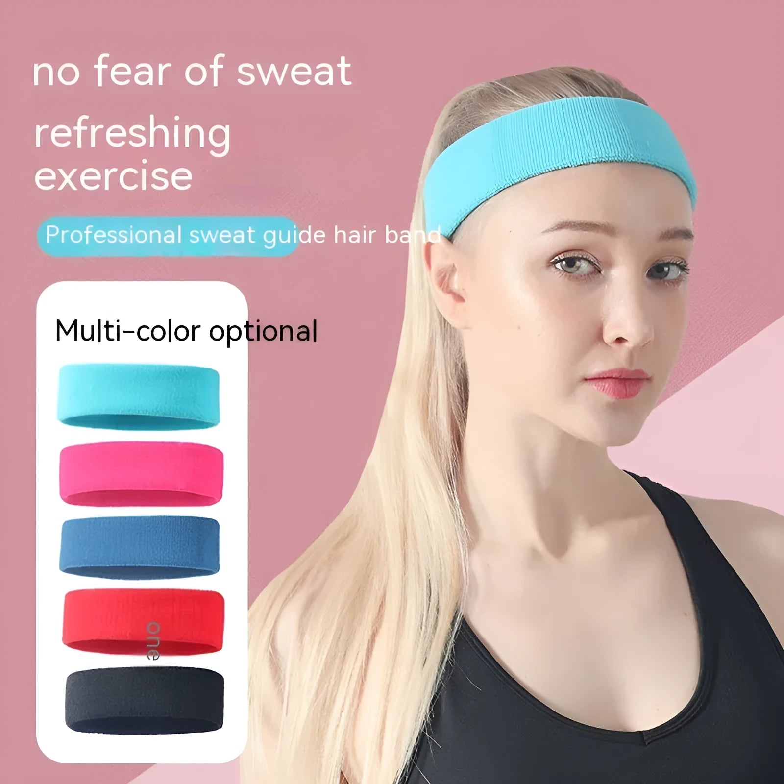 Elastic widening sports anti-sweat headband in black, blue, red, rose red, and sky blue colours.