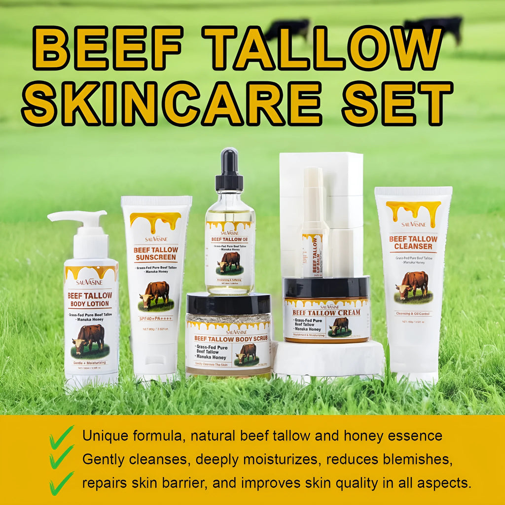 Butter Honey 7-piece skincare set showing facial cleanser, face cream, lip balm, protective cream, body lotion, facial scrub and beef tallow