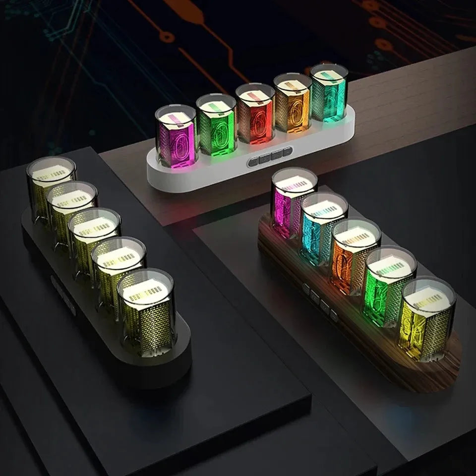 RGB Luminotron LED digital clock showing colourful display on desk